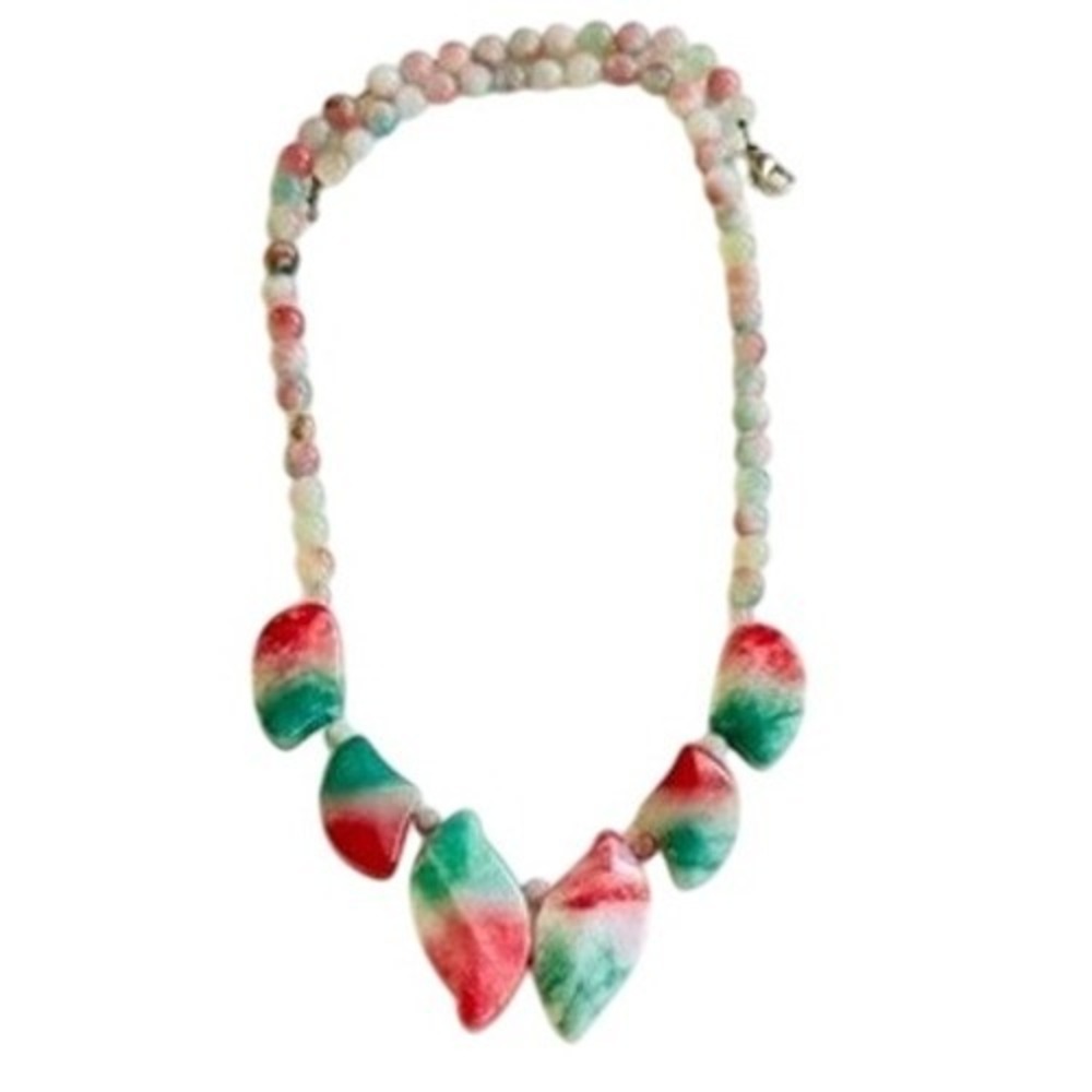 VTG Cherry blossom Jasper Jade Collar Beaded Watermelon Beads Genuine natural
